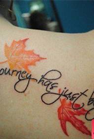 Girl back English letters and maple leaf tattoo pattern