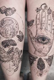 Mysterious engraving style black mushroom with hand and eye tattoo pattern