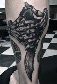 Calf old school black and white skeleton hand and dagger tattoo pattern