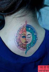 Girl back with a sun and moon tattoo pattern