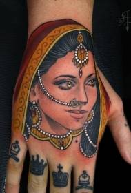 Hand back colored hindu woman portrait tattoo picture