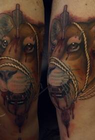 Legs scary colored bloody lion with arrow rope tattoo pattern