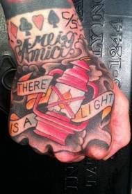 Hand back colored oil lamp letter tattoo pattern