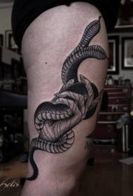 Old school thigh carving style black snake with human hand tattoo pattern