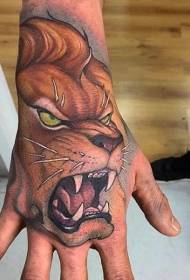 Hand back color new school style angry lion tattoo