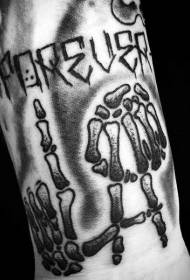 Arm old style black text skeleton tattoo