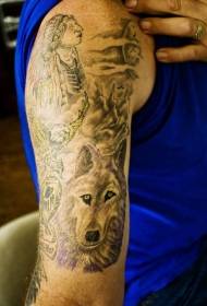 Shoulder gray wolf and indian man tattoo pattern