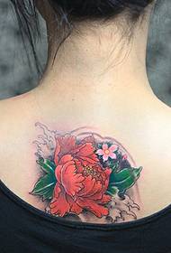 a back peony flower tattoo pattern