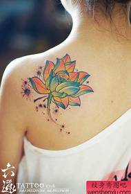 Beautiful colorful traditional lotus tattoo pattern on the back of the girl