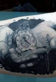 Grande braço surreal realista preto cinza relógio de bolso e mão tatuagem padrão