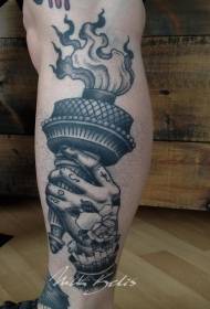 Leg gray wash style torchbearer tattoo pattern