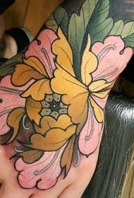 Hand back color new school style big flower tattoo
