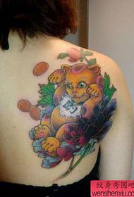 Girl's back nice looking colorful lucky cat tattoo pattern