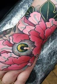Mão de volta nova escola cor flor com padrão de tatuagem do globo ocular