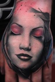 Hand back color illustration style female portrait tattoo picture