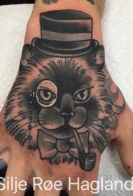 Smēķējoša kaķa ilustrācija ar roku atpakaļ tetovējuma modeli valkājot cepuri