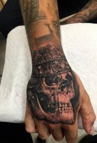 Hand back black gray style king skull tattoo pattern