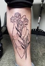 Boys calf on black simple line hand and plant flower tattoo picture