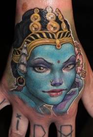 Rokas muguras ilustrācijas stila hinduistu dievietes portreta tetovējuma modelis