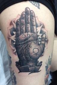 Thigh black gray man's hand with letter tattoo pattern