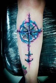 Calf splash ink color nautical compass tattoo pattern