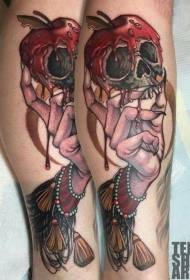 Leg funny colored skull shape apple tattoo picture