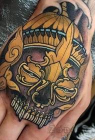 New Japanese style colored devil mask tattoo on the back of the hand
