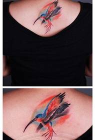Pretty popular hummingbird tattoo pattern on the back of the girl