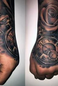 Hand back gorgeous black gray flower clock tattoo pattern