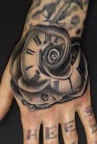 Hand back grey half rose rose half tattoo