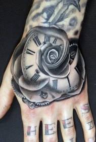 Lenyűgöző fekete-fehér rózsa óra tetoválás minta a kéz hátsó részén