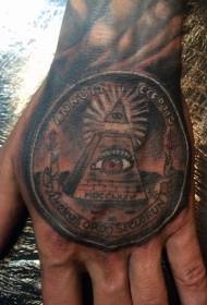 Hand back pyramid colored hand circle tattoo pattern