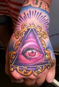Rankų nugaros spalvos dievo akių ryškus tatuiruotės raštas
