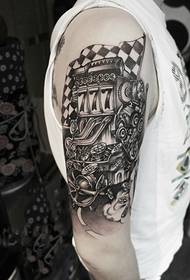 Творческа картина за татуировка на рамо с черно сиво механично цвете