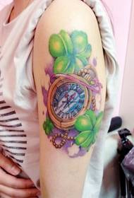 Arm clock, four-leaf clover tattoo picture