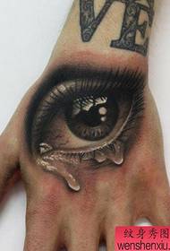 A classic black and white eye tattoo pattern on the back of the hand