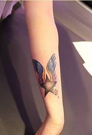 Beautiful hand-colored colorful five-pointed star wings tattoo picture
