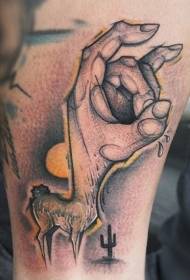 Kolorowe jelenie i ludzka ręka w połączeniu z dziwnym wzorem tatuażu
