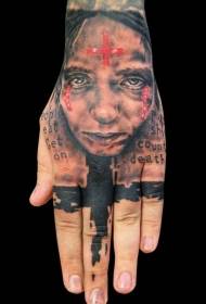 Hand back red cross and crying female portrait tattoo pattern