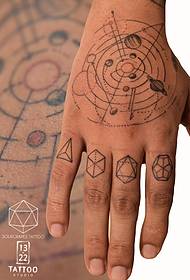 Geometric style graphic cosmic star tattoo picture on the back of the hand