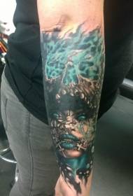 Small arm dreamy style colored burning skull with woman face tattoo pattern