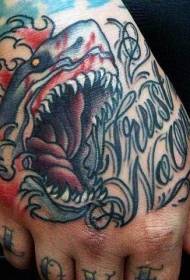 Old school hand back scary bloody shark letter tattoo pattern