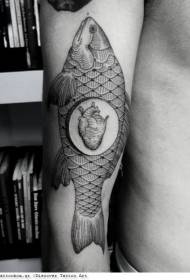 Arm combination black fish with human heart tattoo pattern