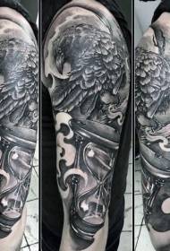 Arm mysterious black gray crow and hourglass tattoo pattern