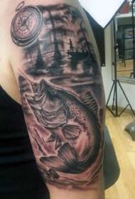 Model de tatuaj cu temă de pescuit de cenușă de braț negru