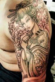 Vállfesték stílusú japán gésa tetoválás mintával