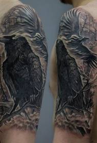 Iso musta ja harmaa salaperäinen variksen persoonallisuuden tatuointikuvio