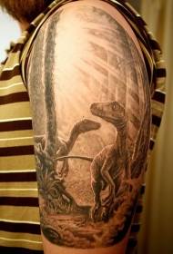 Big arm very realistic forest and dinosaur tattoo pattern