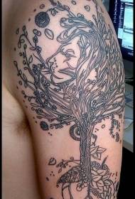 Мъжка голяма ръкава черна линия дърво татуировка модел