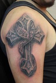 Big arm stone cross and snake tattoo pattern